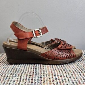 Romika Sandals Women EU 42 US 11.5 Orange Leather Wedge Laser Cutouts Adjustable